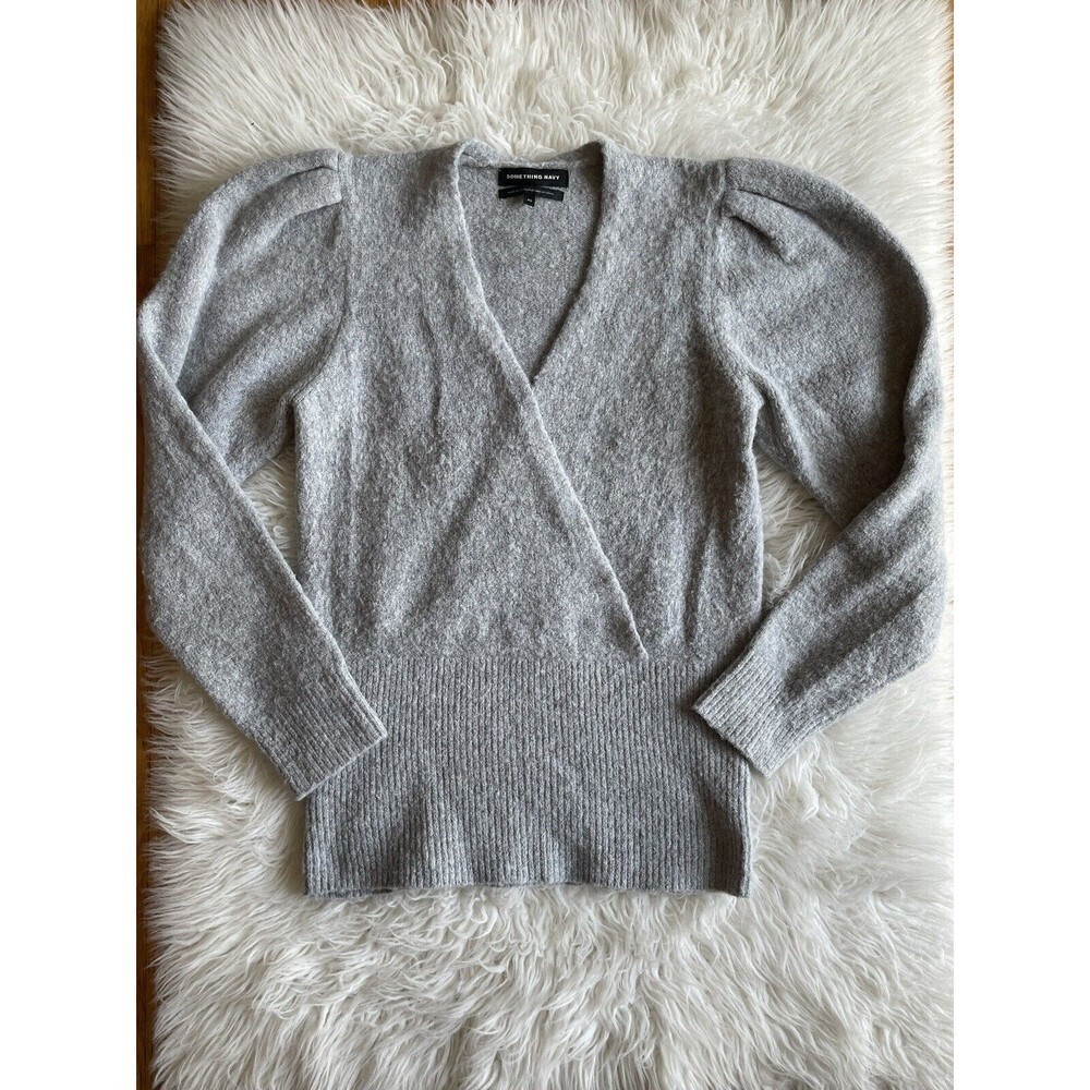 Something Navy Size XS Gray Alpaca Blend Surplice Puff Shoulder Sweater BIN U